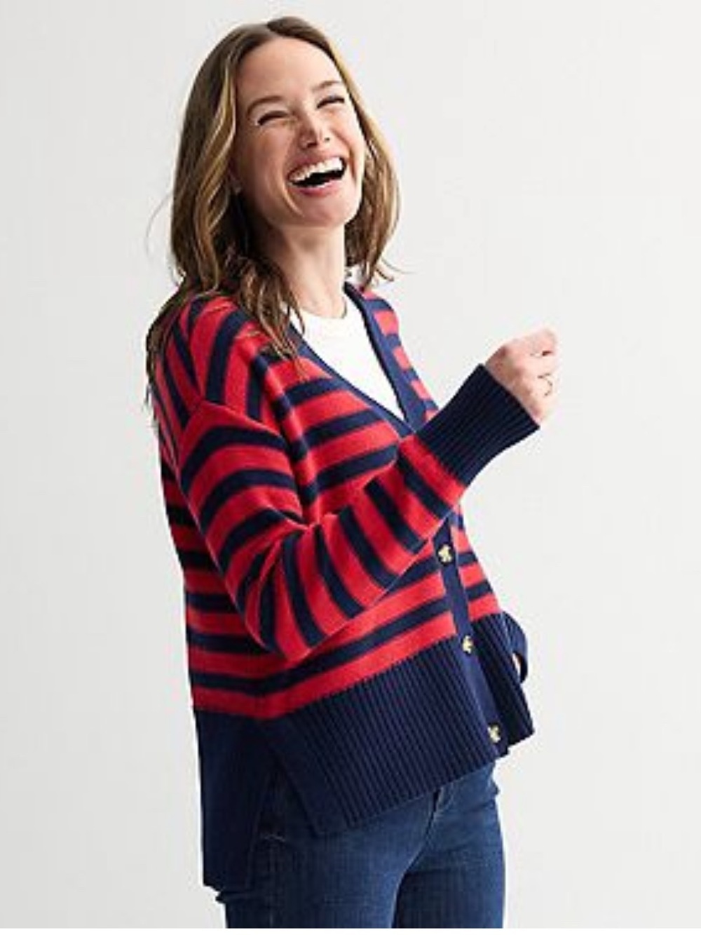 Sonoma Goods For Life Cardigan Womens XL 16/18 Navy Red Stripe Cotton Sweater